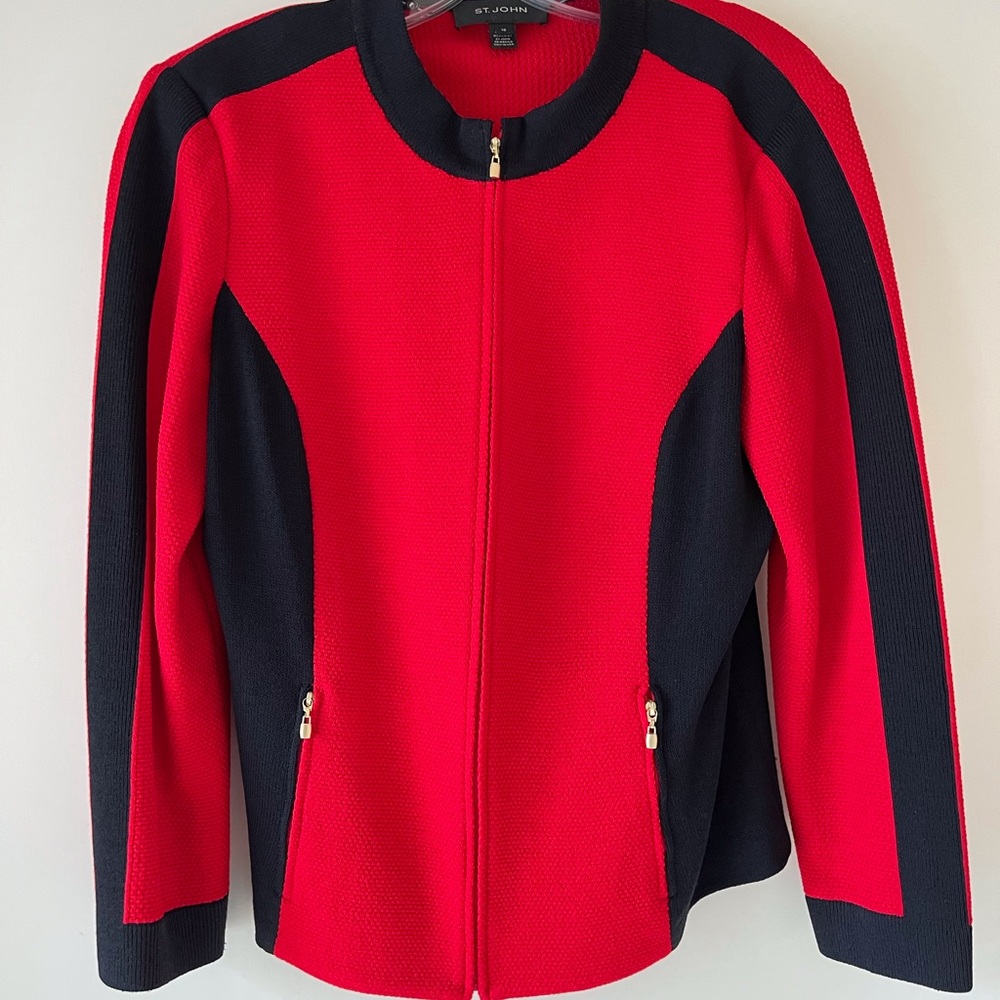 Red/black classy zip up top/sweater.  EUC.  St. John 10